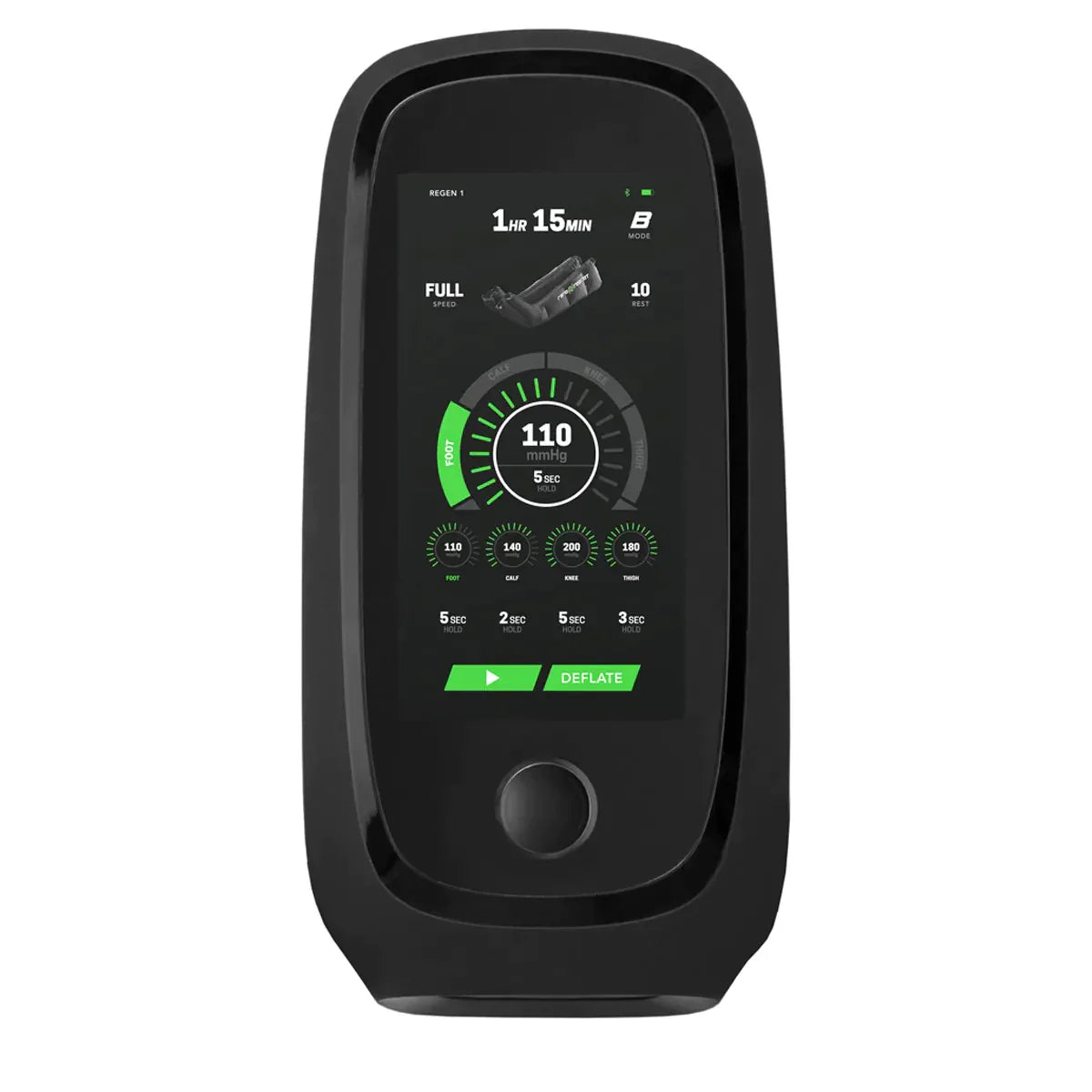 Black electronic device with digital display and control buttons on a white background