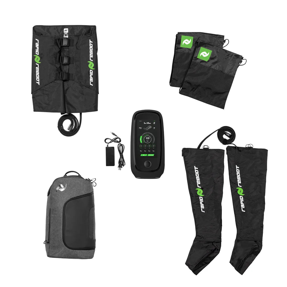Collection of compression therapy equipment including bags, a control device, and leg sleeves on a white background.