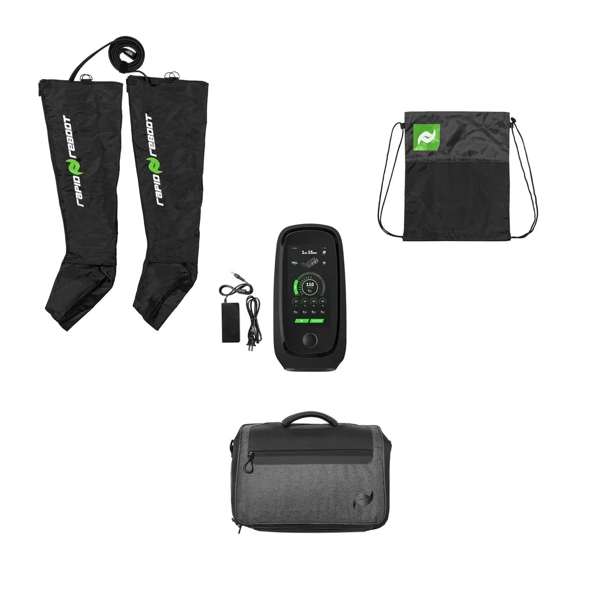 Collection of black and gray electronic device and compression boots with green and white branding on a white background