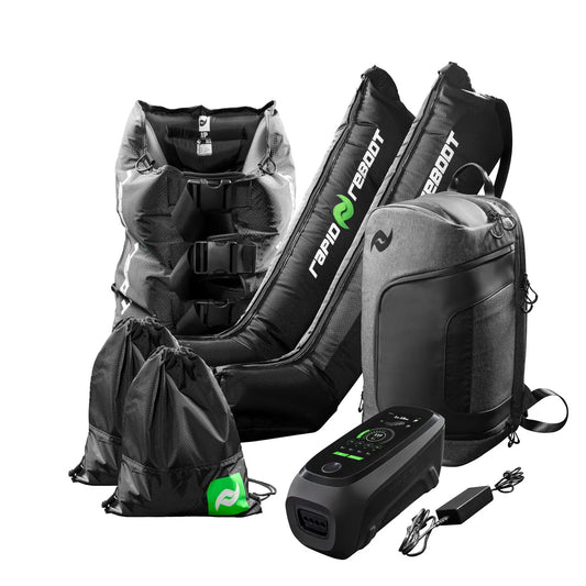Set of black compression gear with a power bank, backpack and drawstring bag on a white background