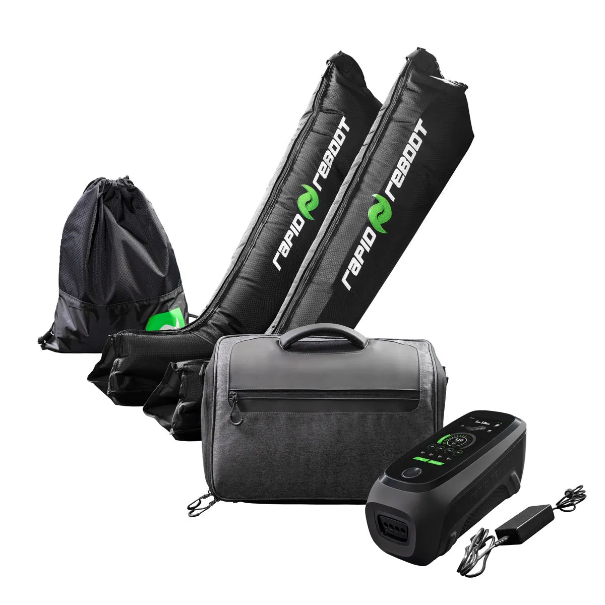 Set of black compression boots with Rapid Reboot branding, carrying bag, and control device on a white background.