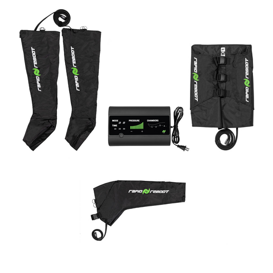 compression therapy device with leg sleeves and a control panel on a white background