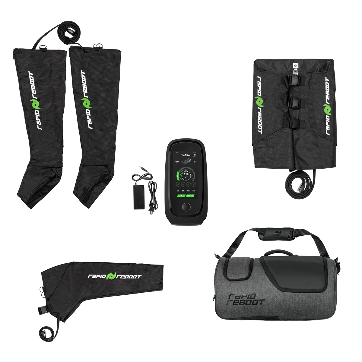 Collection of Rapid Reboot products including inflatable boots, arm attachment, hips attachment, a carrying bag, and a control unit on a white background, deflated.
