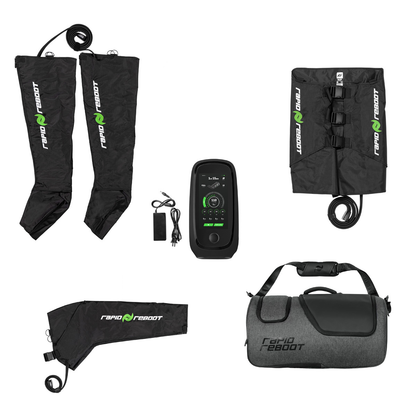 Collection of Rapid Reboot products including inflatable boots, arm attachment, hips attachment, a carrying bag, and a control unit on a white background, deflated.