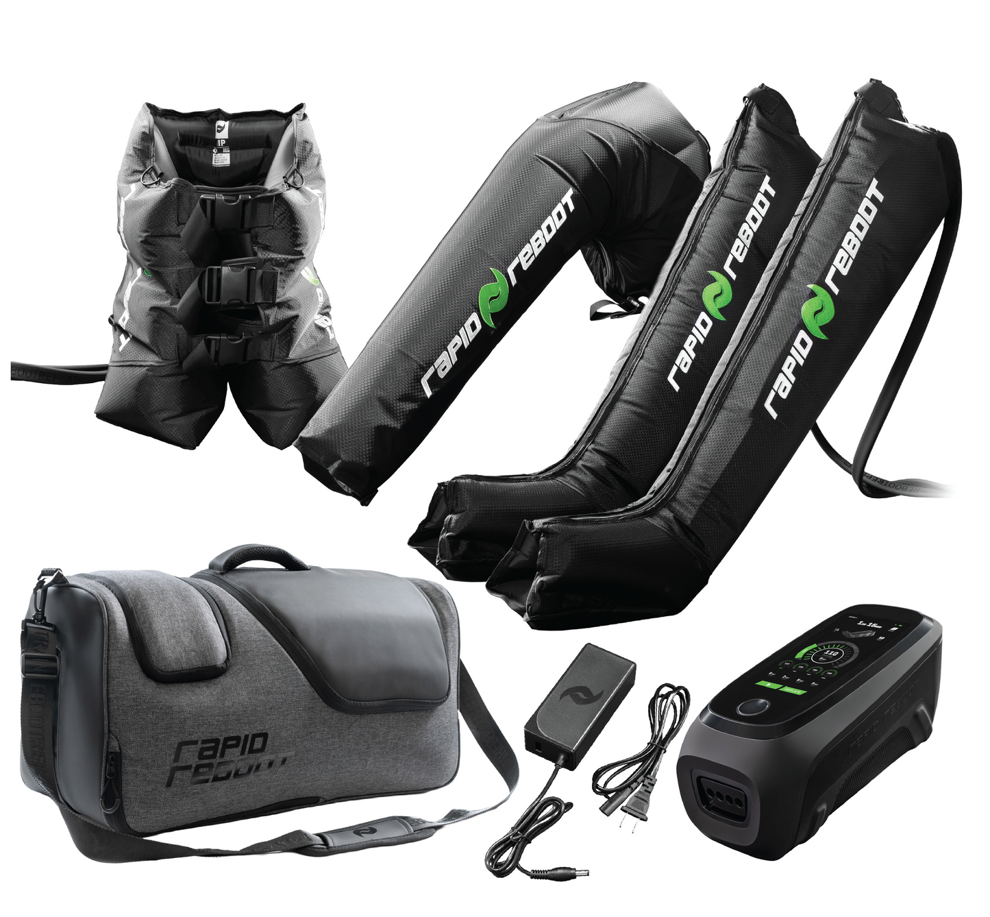Collection of Rapid Reboot products including inflatable boots, arm attachment, hips attachment, a carrying bag, and a control unit on a white background.