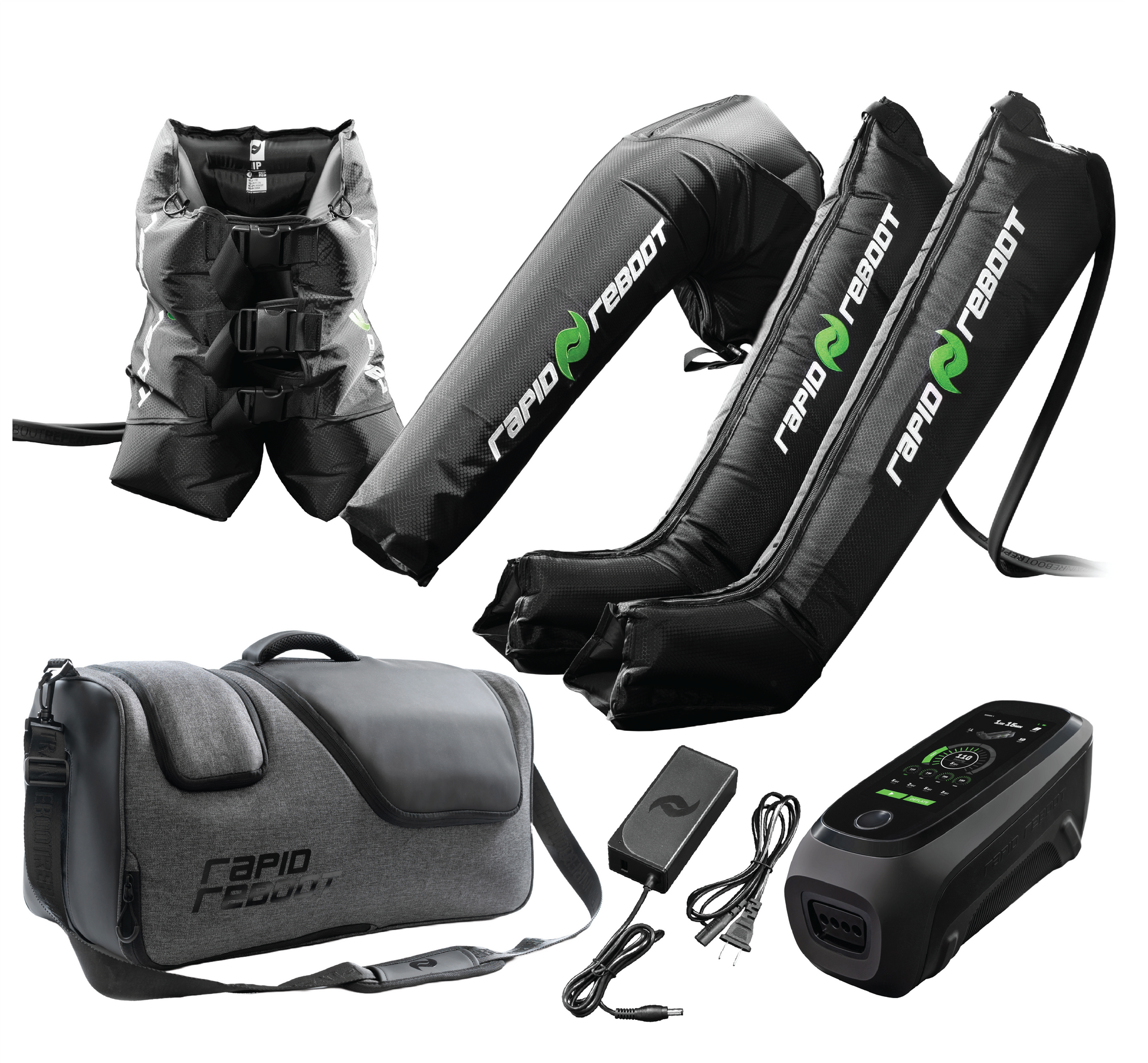 Collection of Rapid Reboot products including inflatable boots, arm attachment, hips attachment, a carrying bag, and a control unit on a white background.
