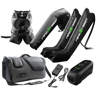 Collection of Rapid Reboot products including inflatable boots, arm attachment, hips attachment, a carrying bag, and a control unit on a white background.