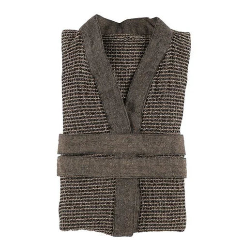 A folded bathrobe with a textured, woven houndstooth-like pattern in brown and gray, featuring a matching gray belt, shown against a plain white background.