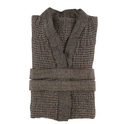 A folded bathrobe with a textured, woven houndstooth-like pattern in brown and gray, featuring a matching gray belt, shown against a plain white background.