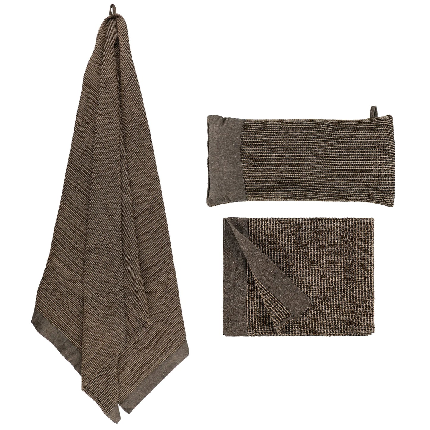 A three-piece linen set in a brown and beige herringbone pattern, featuring a hanging towel, a rectangular pillow cover, and a folded square pillow, displayed on a solid white background.