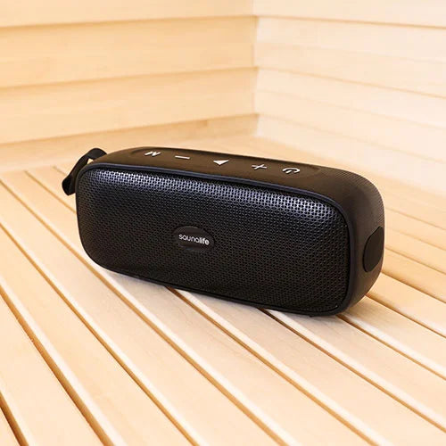 Black Saunalife speaker in a sauna environment