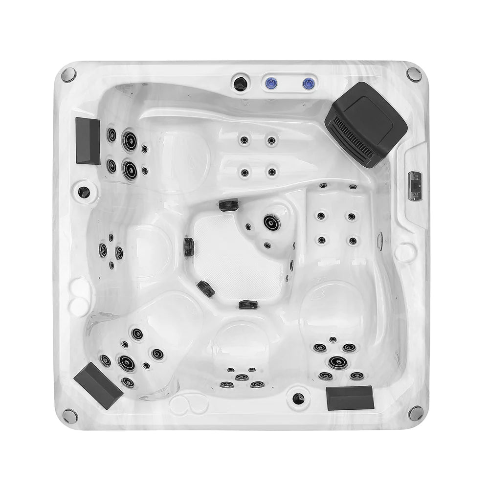Top view of a hot tub with visible jets and control panel on a white background