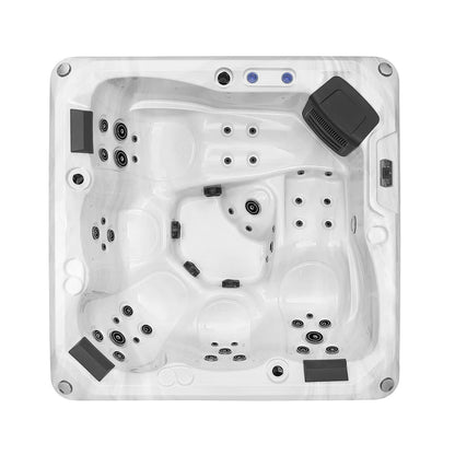 Top view of a hot tub with visible jets and control panel on a white background