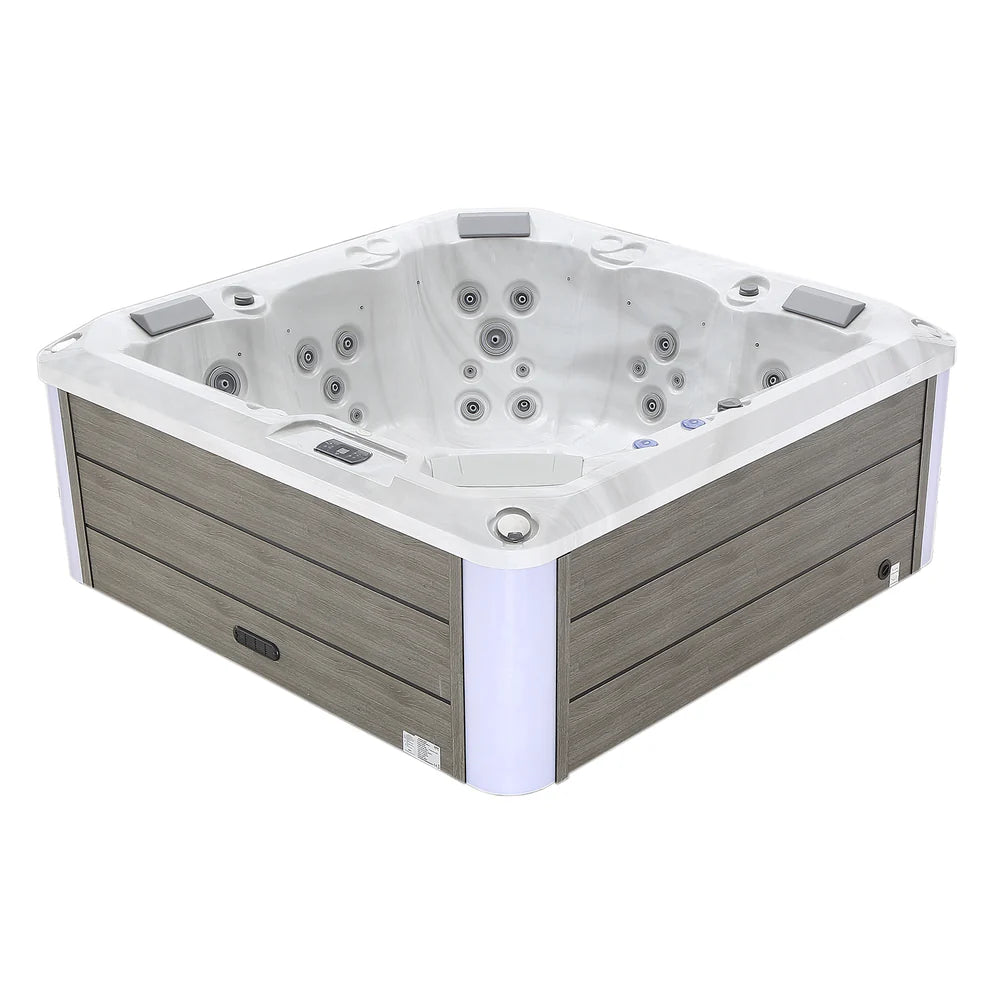 Hot tub with gray exterior and white interior on a white background