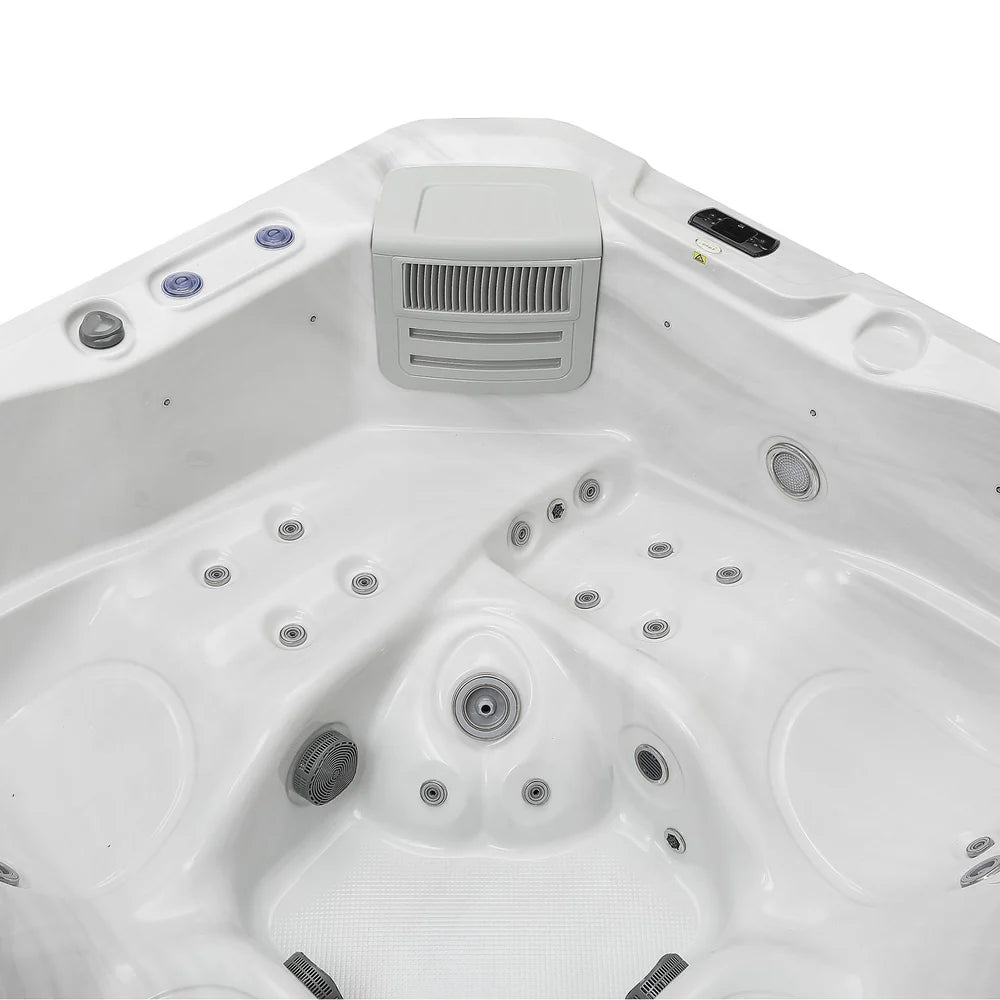 Hot tub interior with control panel and jets on a white background