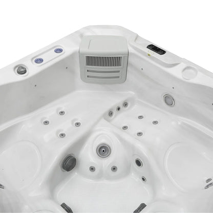 Hot tub interior with control panel and jets on a white background