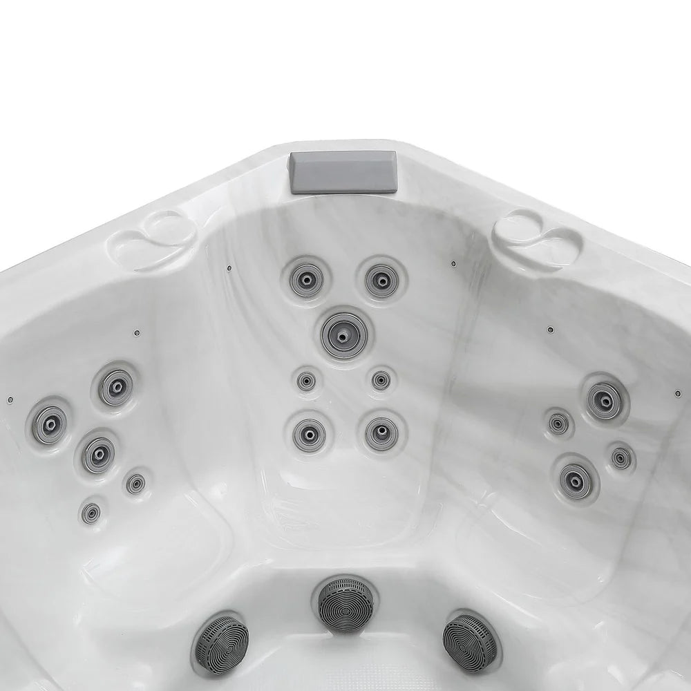 Top view of a white hot tub with multiple jets on a white background
