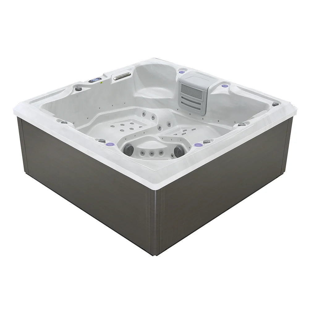 Hot tub with gray exterior and white interior on a white background