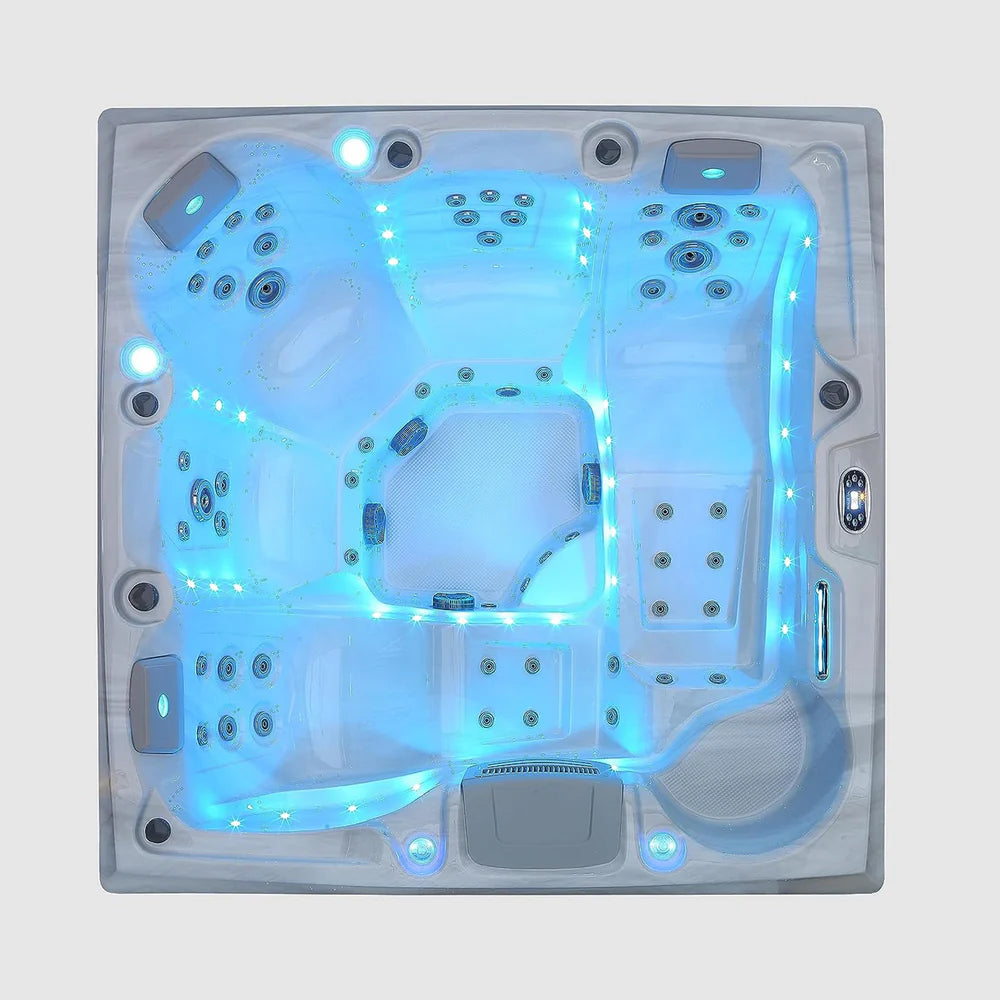 Top view of a hot tub with blue LED lights on a white background