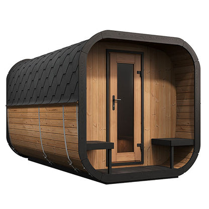 Wooden barrel-shaped sauna with a door on a white background