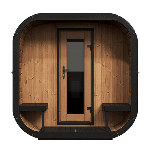 Wooden sauna with black trim on a white background