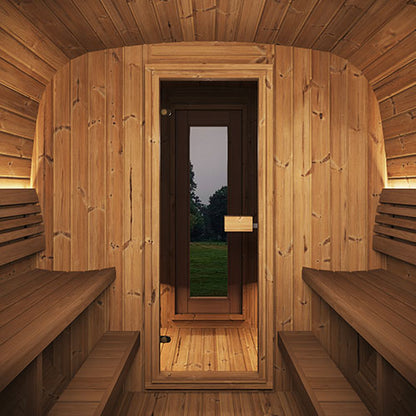 Wooden sauna with benches and a door leading outside