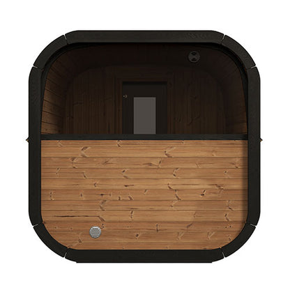 Top-down view of a wooden sauna with black trim on a white background