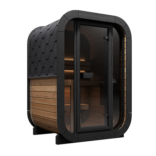 Wooden sauna with black exterior on a white background
