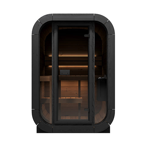 Black-framed sauna with wooden interior on a white background