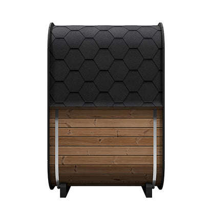 Wooden  sauna with black textured top on a white background