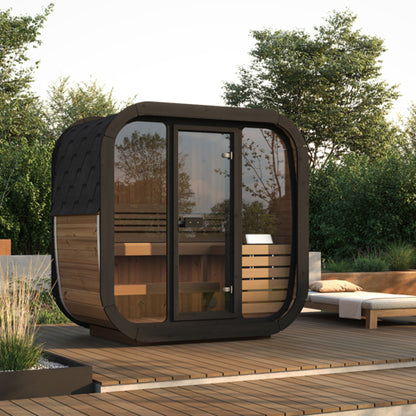 wood sauna on a garden