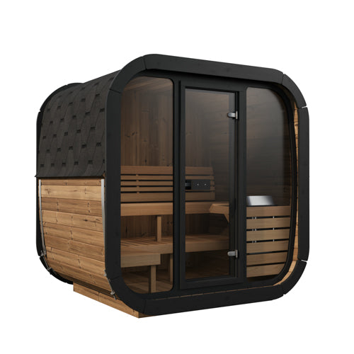 Wooden sauna with black exterior on a white background