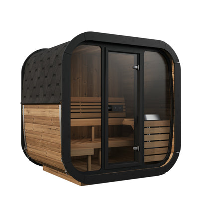 Wooden sauna with black exterior on a white background