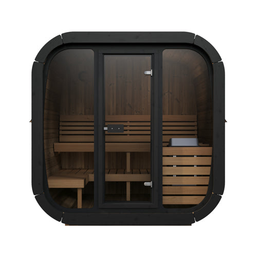 Sauna with wooden benches and black exterior on a white background