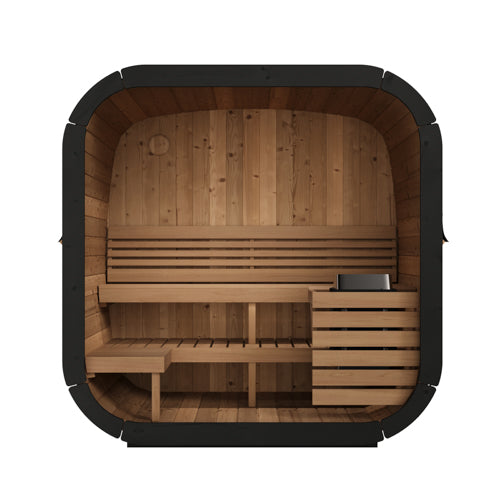 Wooden sauna with benches on a white background