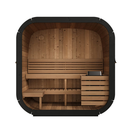 Wooden sauna with benches on a white background