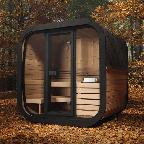 Wooden sauna pod with black frame in a forest setting
