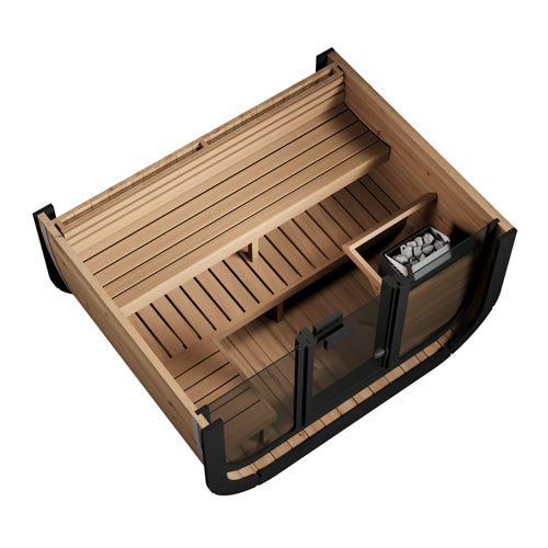 Wooden sauna with black metal frame on a white background