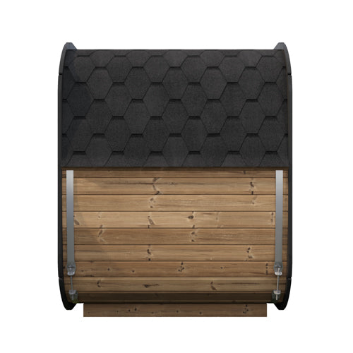 Wooden barrel with a black woven top on a white background