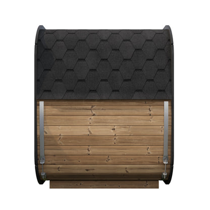 Wooden barrel with a black woven top on a white background