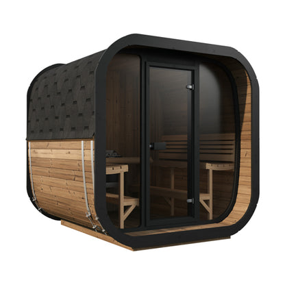 Wooden sauna with black exterior on a white background