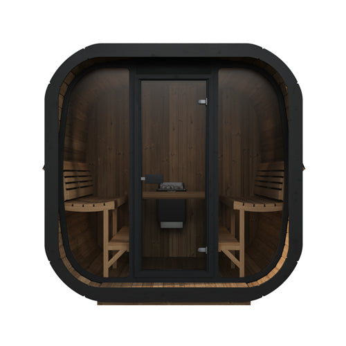Wooden cabin with black frame on a white background