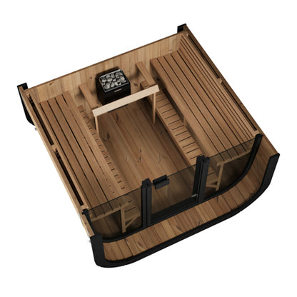 Wooden deck with furniture and grill on a white background