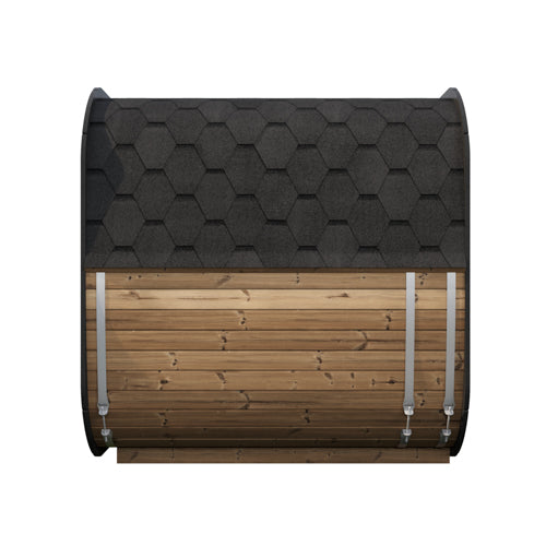 Wooden storage barrel with a black hexagonal patterned lid on a white background