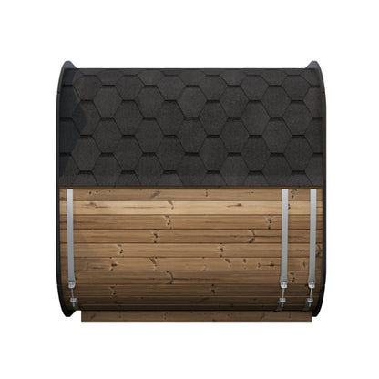 Wooden storage barrel with a black hexagonal patterned lid on a white background