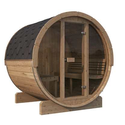 Wooden barrel-shaped sauna with a black roof on a white background