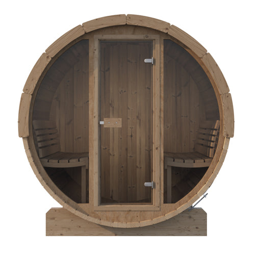 Wooden barrel-shaped sauna with benches on a white background