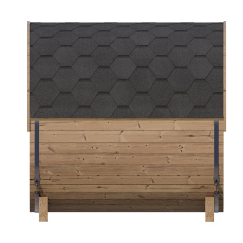 Wooden sauna with a dark gray shingled roof on a white background