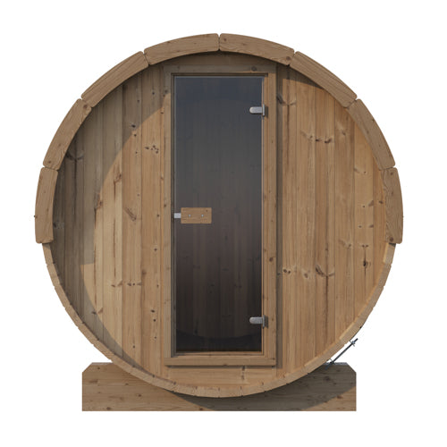 Wooden sauna with a glass door on a white background