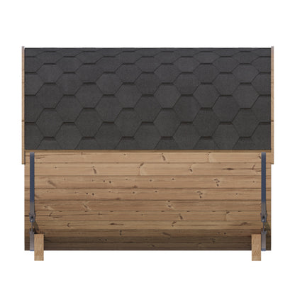 Wooden shed with a black shingled roof on a white background